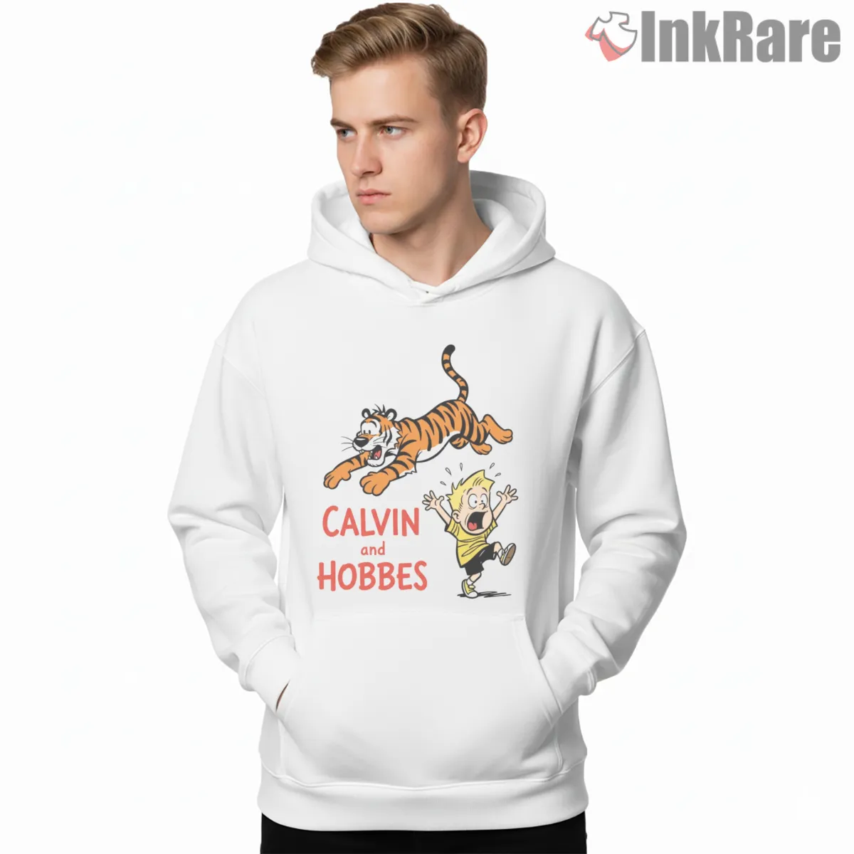 Calvin And Hobbes Tiger Chase Logo Shirt on white hoodie for men graphic tee