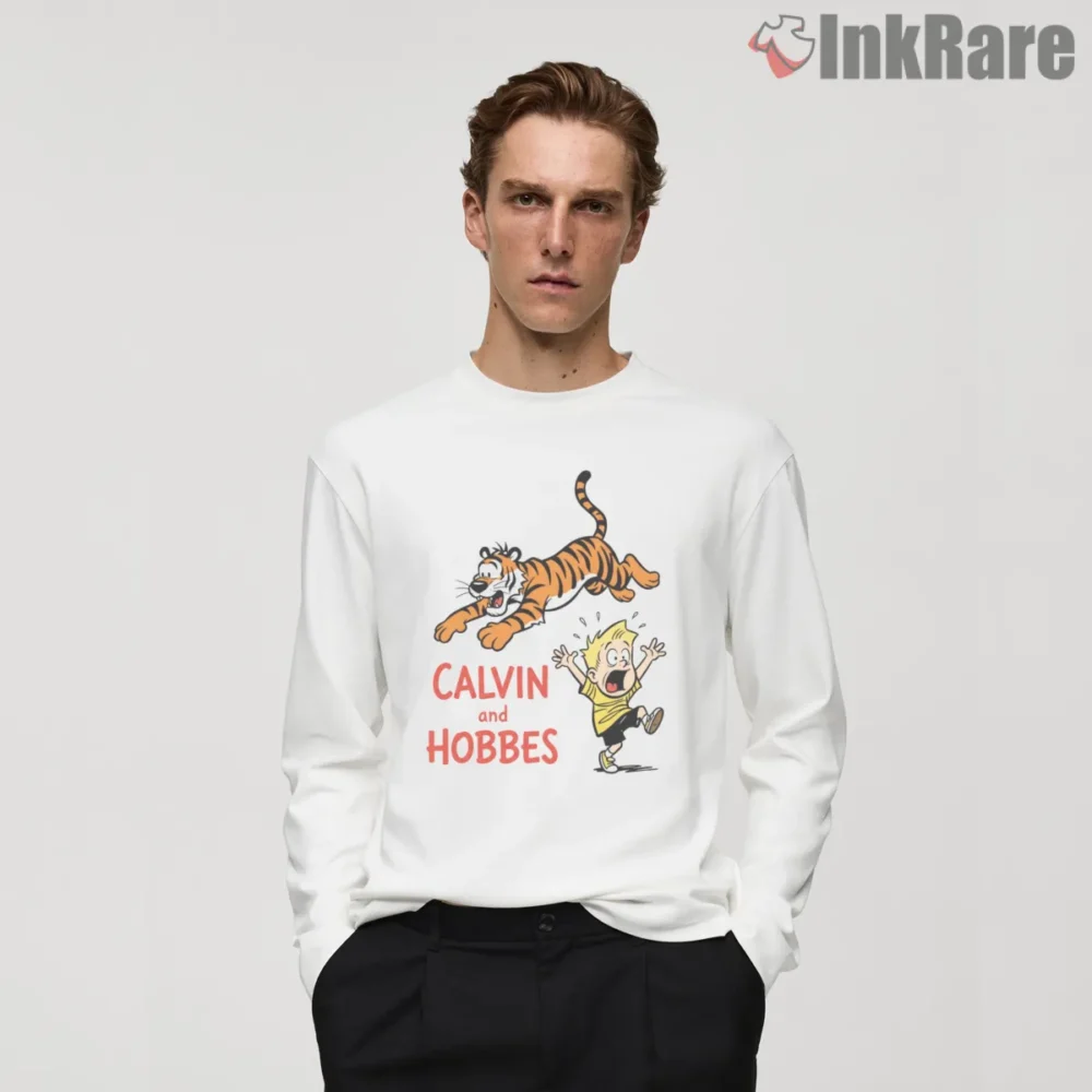 Calvin And Hobbes Tiger Chase Logo Shirt on white long sleeve shirt for men graphic tee