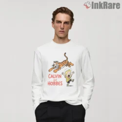Calvin And Hobbes Tiger Chase Logo Shirt on white long sleeve shirt for men graphic tee