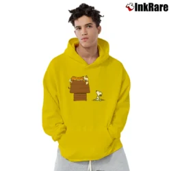 Men’s Calvin And Hobbes Tiger On Doghouse Snoopy Pullover Hoodie in yellow | Cozy, Durable, Modern Fit