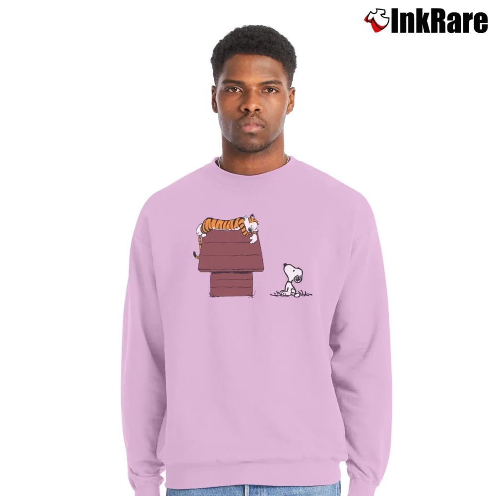 Men’s Calvin And Hobbes Tiger On Doghouse Snoopy Crewneck Sweatshirt in light pink | Cozy Fabric, Clean Style