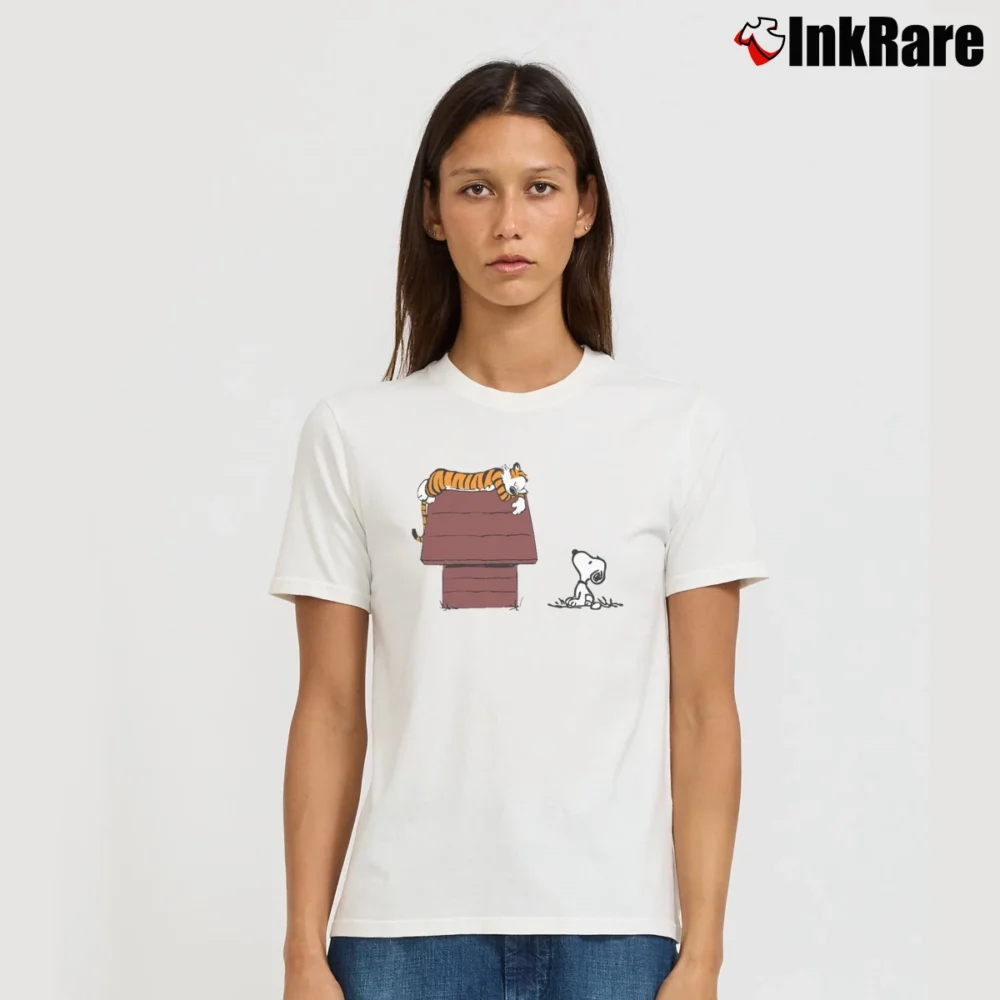Women’s Calvin And Hobbes Tiger On Doghouse Snoopy Signature T-Shirt in white | Soft, Flattering Fit