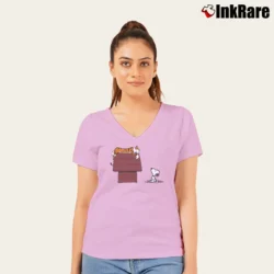 Women’s Calvin And Hobbes Tiger On Doghouse Snoopy V-Neck Tee in light pink | Chic Neckline, Soft Texture