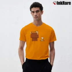 Men’s Calvin And Hobbes Tiger On Doghouse Snoopy V-Neck Tee in orange | Sharp, Breathable, Everyday Staple