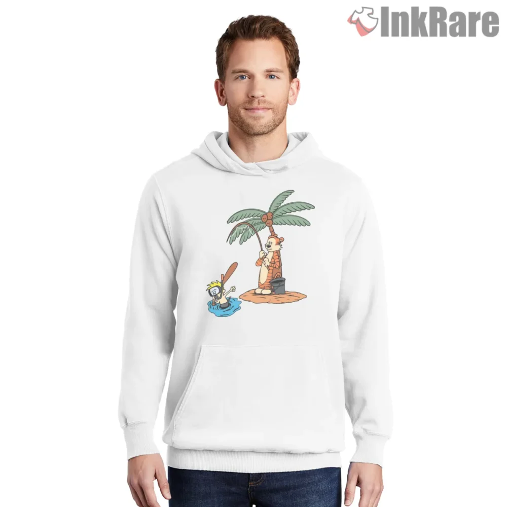 Calvin And Hobbes Tropical Fishing Gag Shirt on white hoodie for men graphic tee