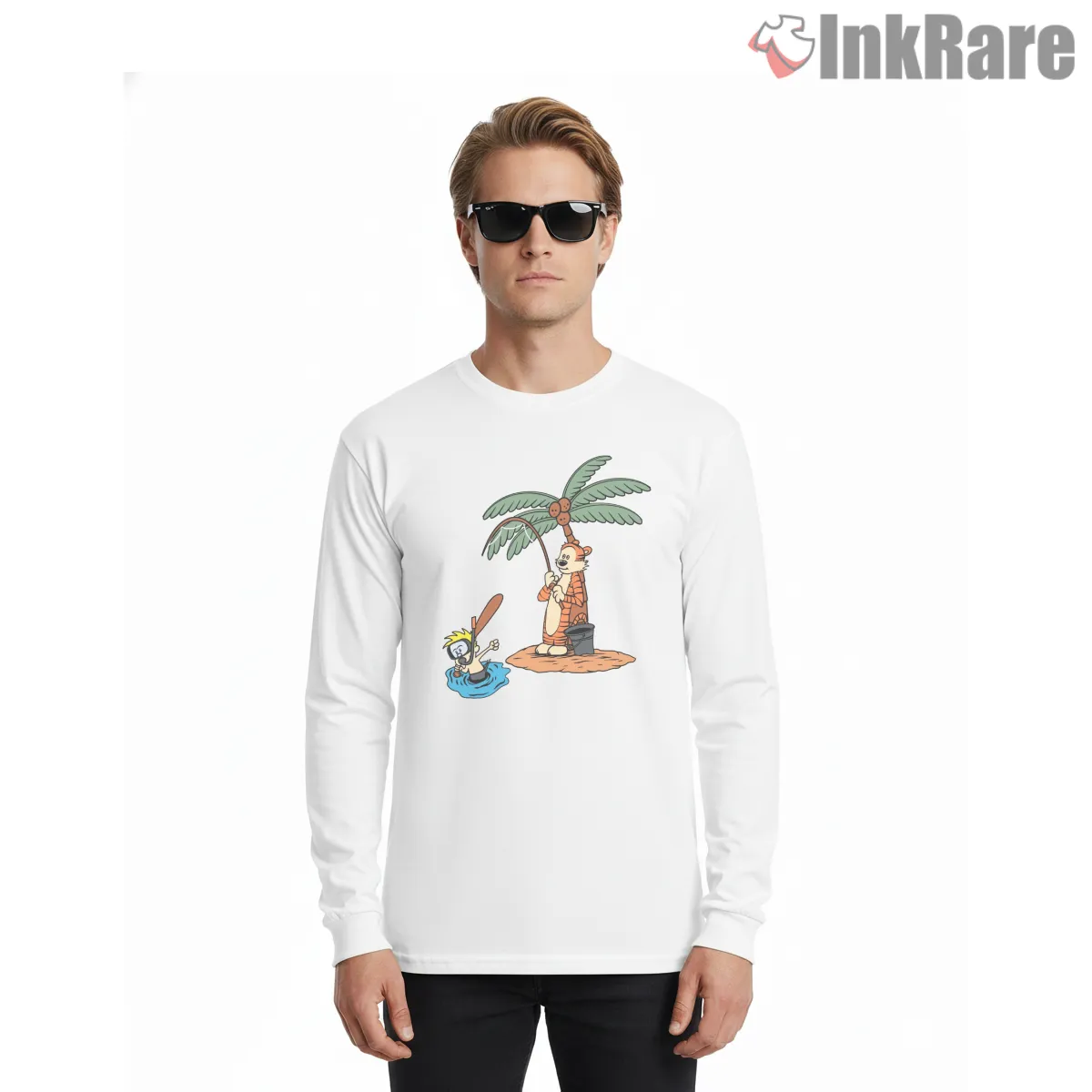 Calvin And Hobbes Tropical Fishing Gag Shirt on white long sleeve shirt for men graphic tee