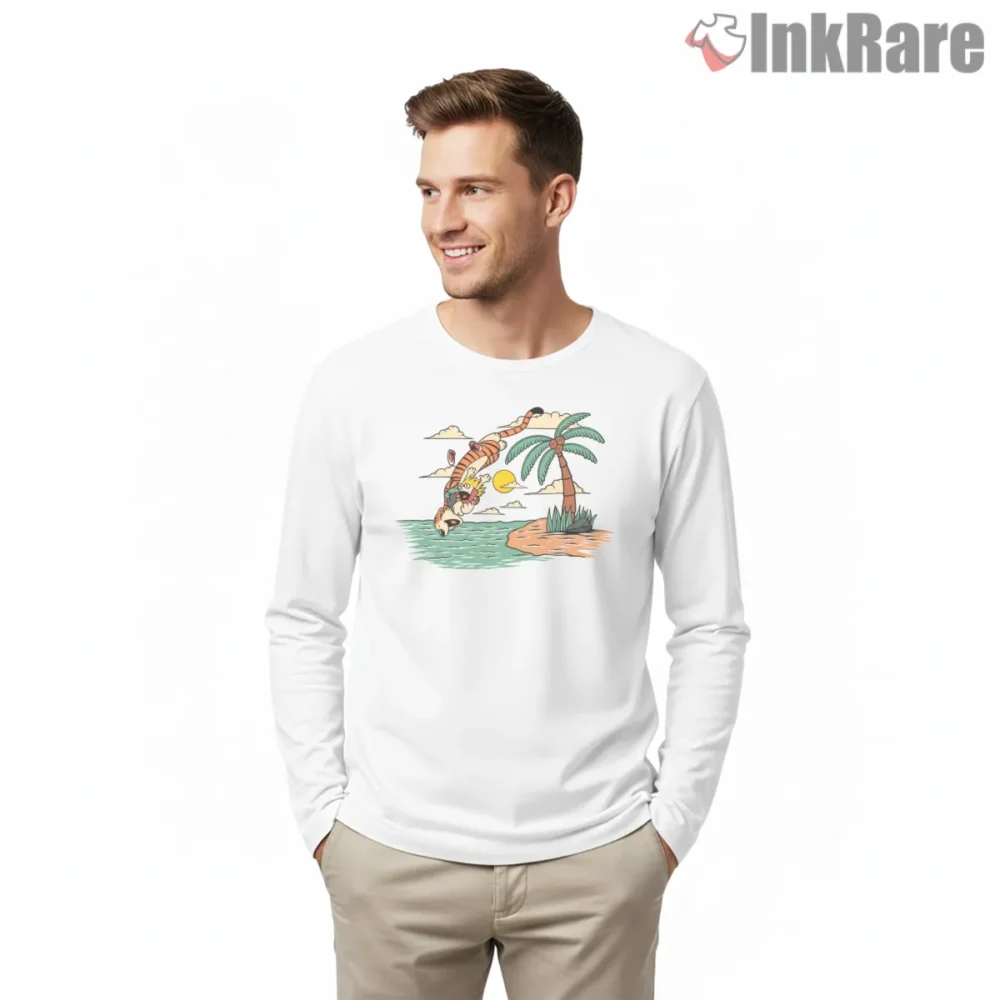 Calvin And Hobbes Tropical Splash Adventure Shirt on white long sleeve shirt for men graphic tee