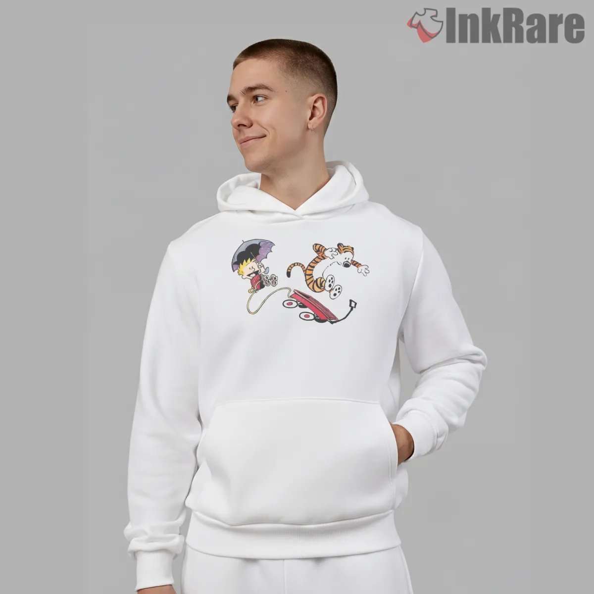 Calvin And Hobbes Umbrella Wagon Flight Shirt on white hoodie for men graphic tee