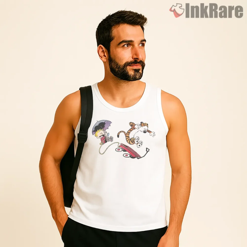 Calvin And Hobbes Umbrella Wagon Flight Shirt on white tank top for men graphic tee