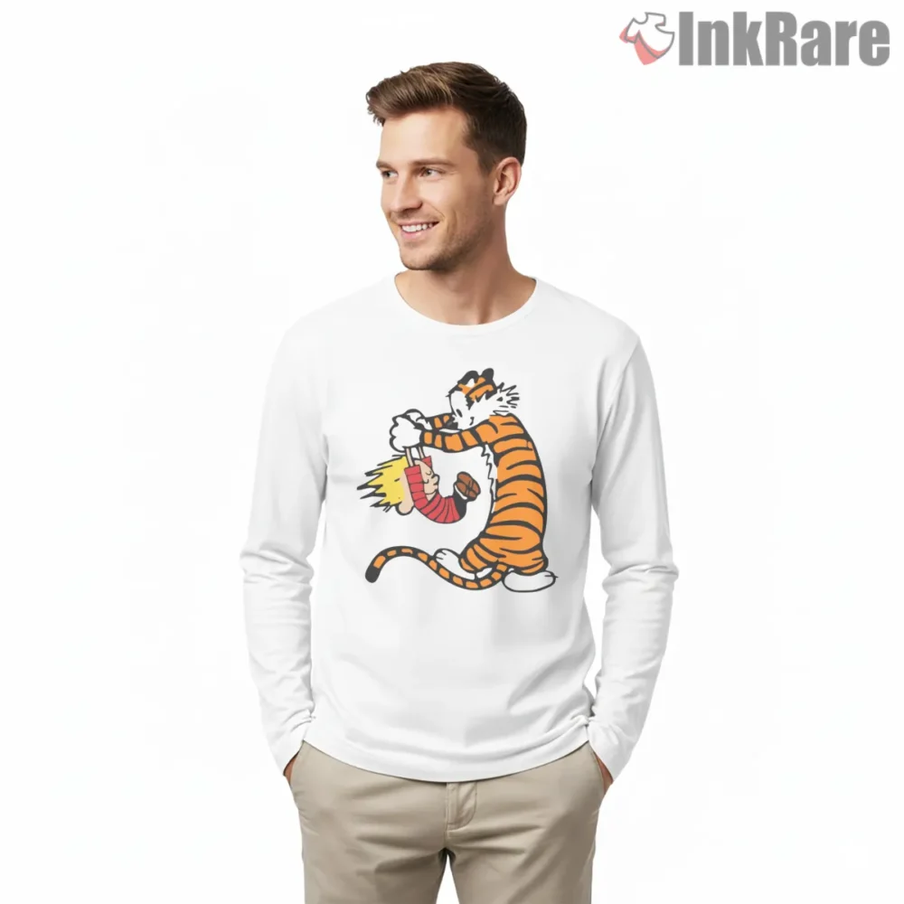 Calvin And Hobbes Upside Down Playtime Shirt on white long sleeve shirt for men graphic tee