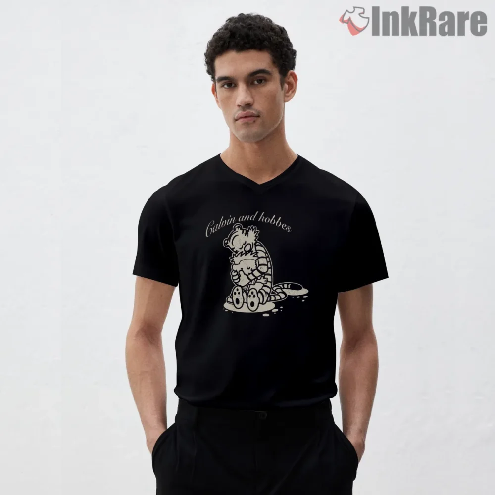 Calvin And Hobbes Vintage Forever Friends Shirt on black v-neck shirt for men graphic tee