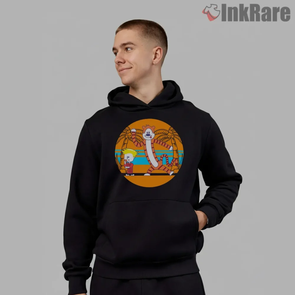 Calvin And Hobbes Vintage Sunset Dance Shirt on black hoodie for men graphic tee