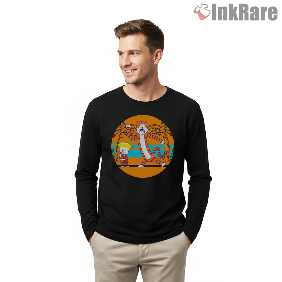 Calvin And Hobbes Vintage Sunset Dance Shirt on black long sleeve shirt for men graphic tee