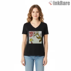 Calvin And Hobbes Wake Up Tiger Tackle Shirt on black v-neck shirt for women graphic tee