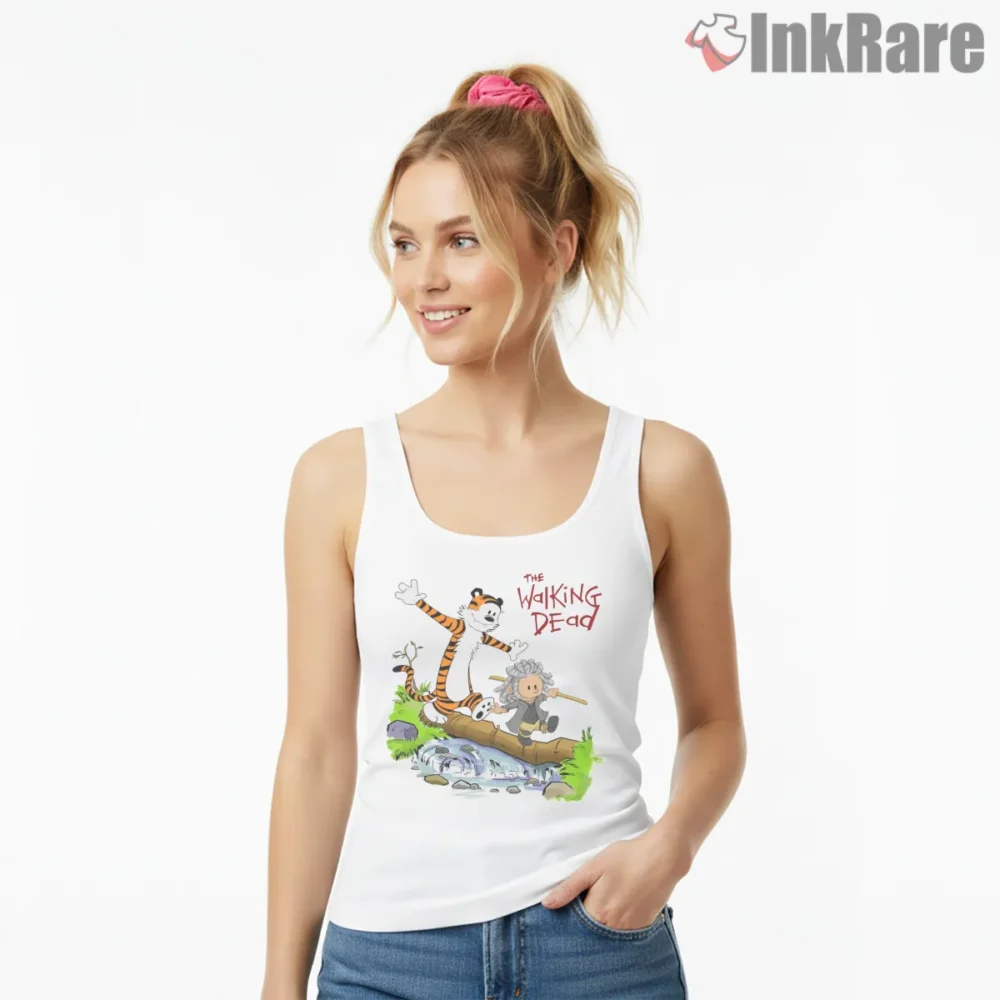 Calvin And Hobbes Walking Dead Creek Parody Shirt on white tank top for women graphic tee