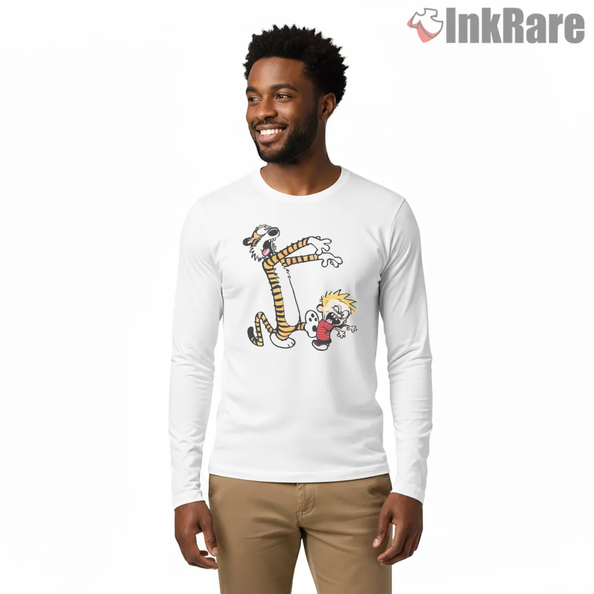 Calvin And Hobbes Wild Tail Prank Shirt on white long sleeve shirt for men graphic tee