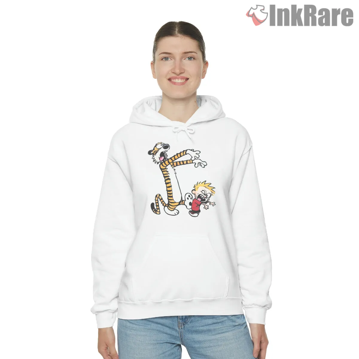 Calvin And Hobbes Wild Tail Prank Hoodie White Calvin And Hobbes Wild Tail Prank Shirt on white hoodie for women graphic tee