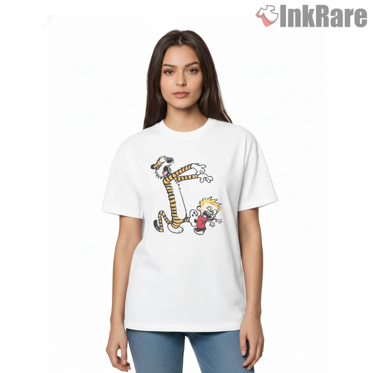 Calvin And Hobbes Wild Tail Prank Short Sleeve White Calvin And Hobbes Wild Tail Prank Shirt on white short sleeve shirt for women graphic tee