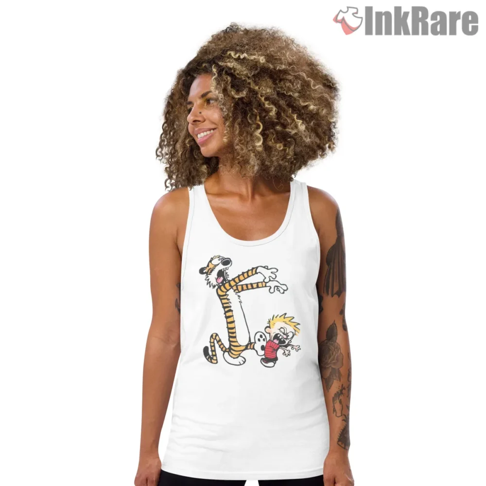 Calvin And Hobbes Wild Tail Prank Shirt on white tank top for women graphic tee