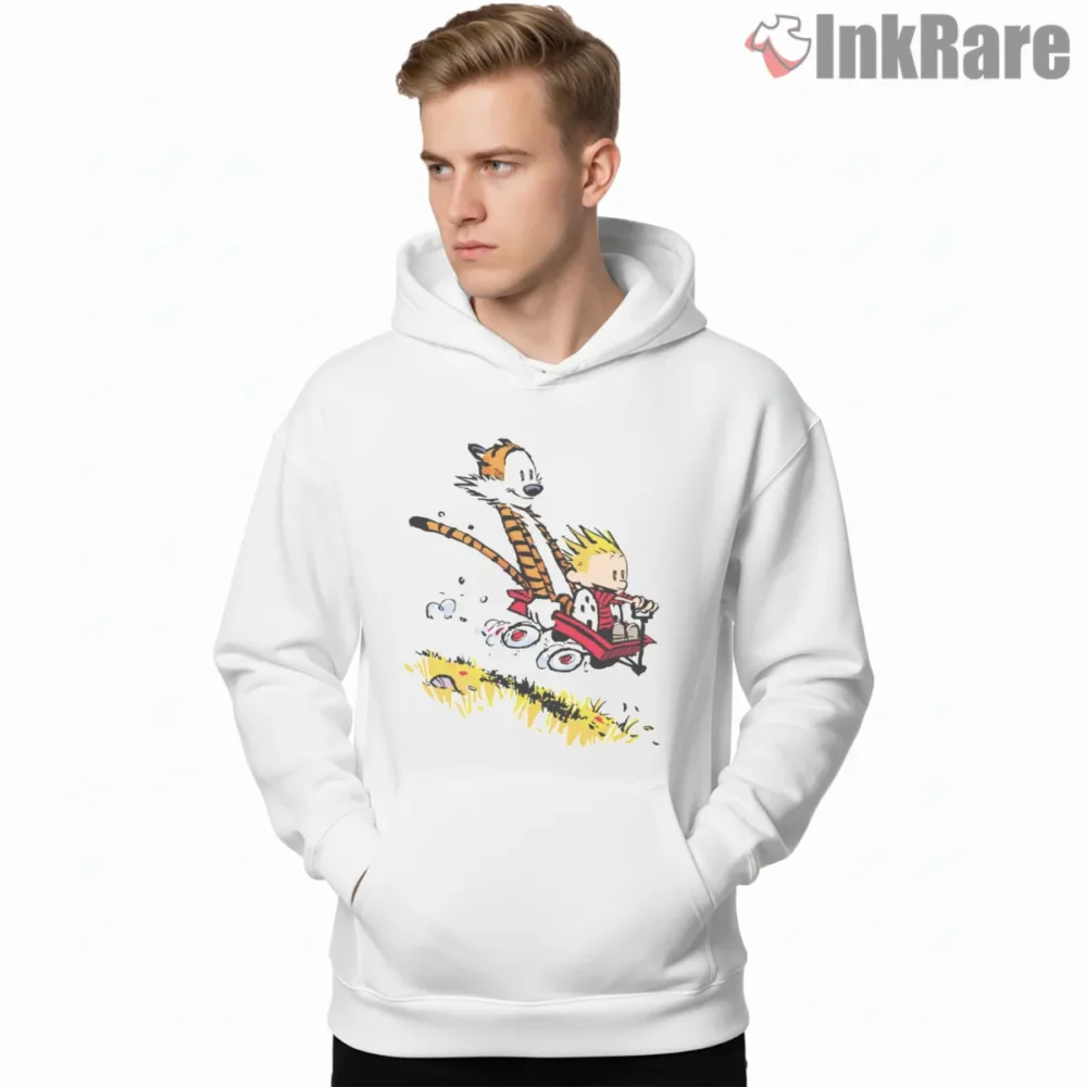 Calvin And Hobbes Wild Wagon Ride Shirt on white hoodie for men graphic tee