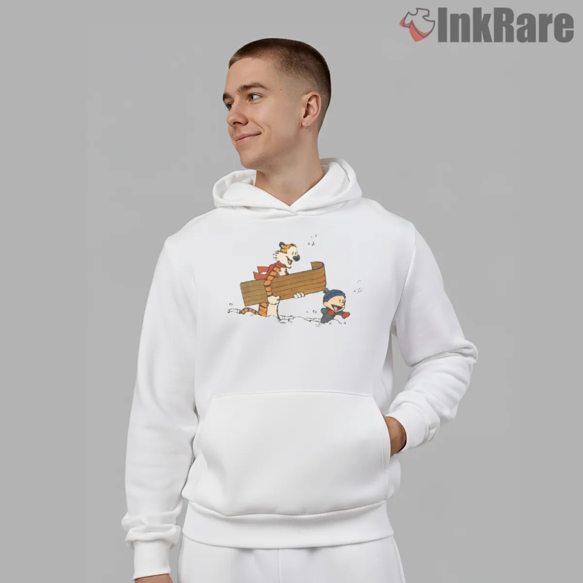 Calvin And Hobbes Winter Sled Chase Shirt on white hoodie for men graphic tee