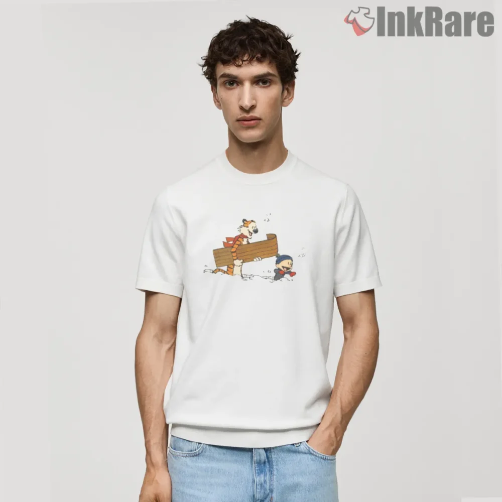 Calvin And Hobbes Winter Sled Chase Shirt on white short sleeve shirt for men graphic tee