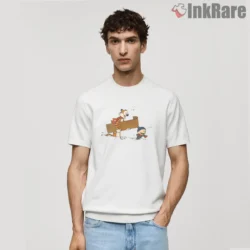 Calvin And Hobbes Winter Sled Chase Shirt on white short sleeve shirt for men graphic tee