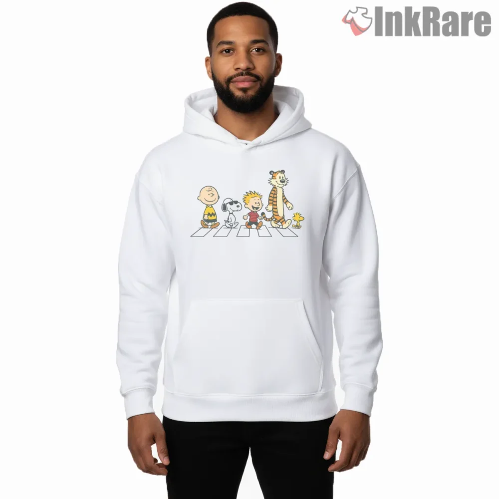 Calvin Hobbes Charlie Brown Snoopy Road Shirt on white hoodie for men graphic tee