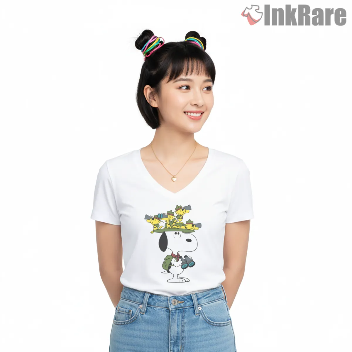 Camp Snoopy Adventure Scout Shirt on white v-neck shirt for women graphic tee
