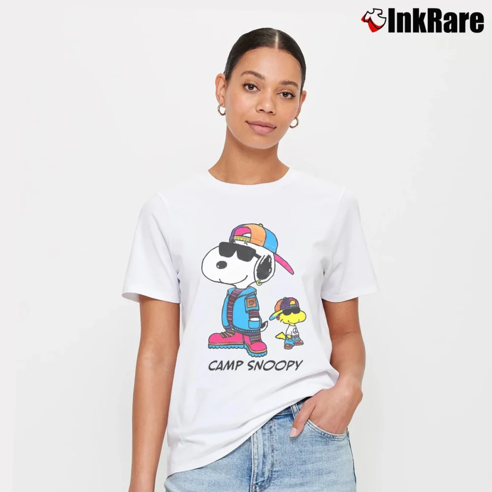 Women’s Camp Snoopy And Woodstock Peanuts Classic Signature T-Shirt in white | Soft, Flattering Fit