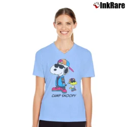 Women’s Camp Snoopy And Woodstock Peanuts Classic V-Neck Tee in light blue | Chic Neckline, Soft Texture