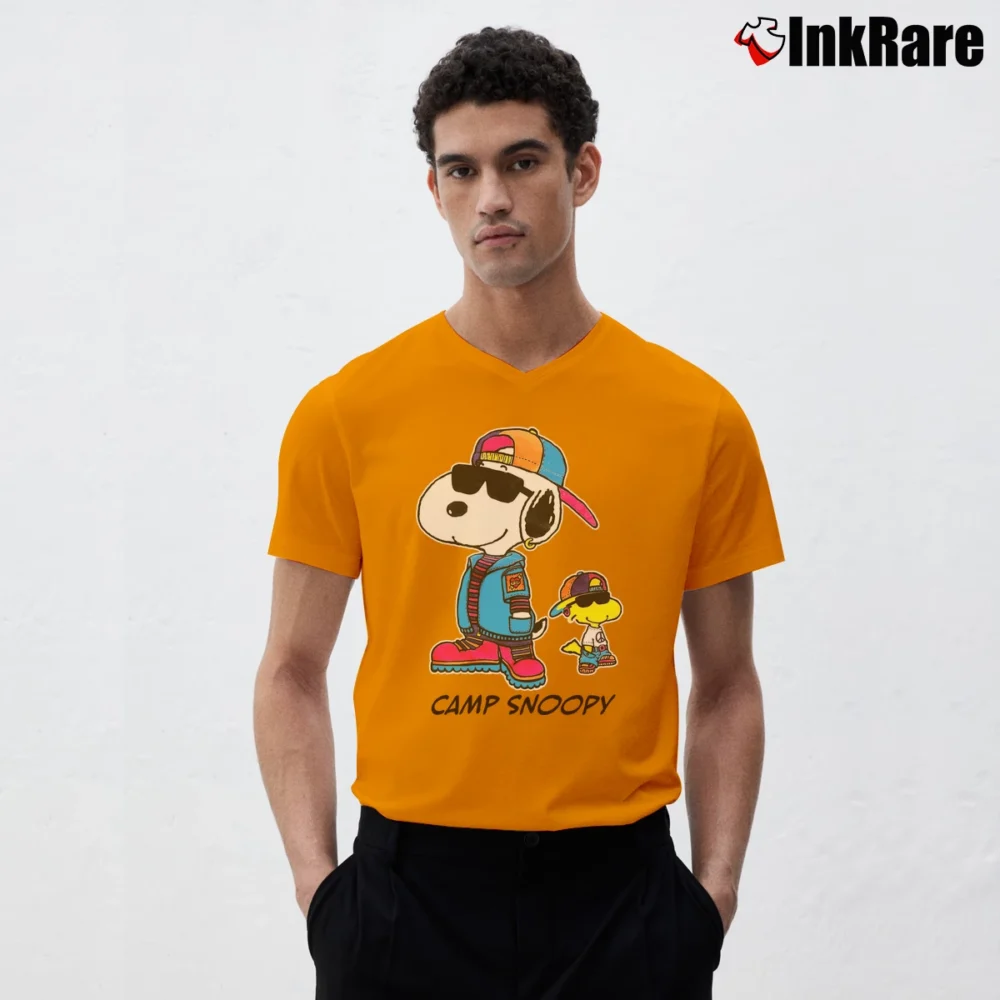 Men’s Camp Snoopy And Woodstock Peanuts Classic V-Neck Tee in orange | Sharp, Breathable, Everyday Staple