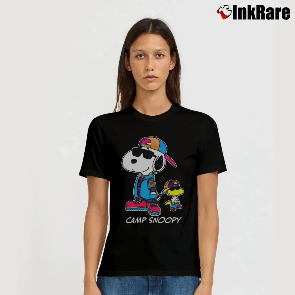 Women’s Camp Snoopy And Woodstock Peanuts Signature T-Shirt in black | Soft, Flattering Fit