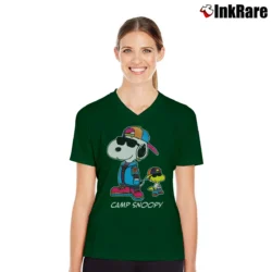 Women’s Camp Snoopy And Woodstock Peanuts V-Neck Tee in forest green | Chic Neckline, Soft Texture