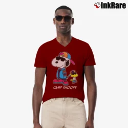 Men’s Camp Snoopy And Woodstock Peanuts V-Neck Tee in maroon | Sharp, Breathable, Everyday Staple