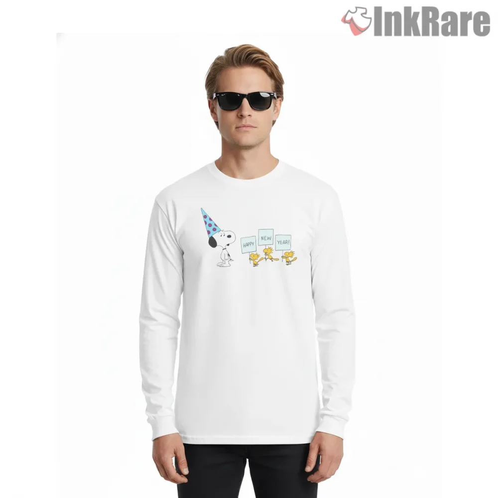 Camp Snoopy Happy New Year Celebration Shirt on white long sleeve shirt for men graphic tee