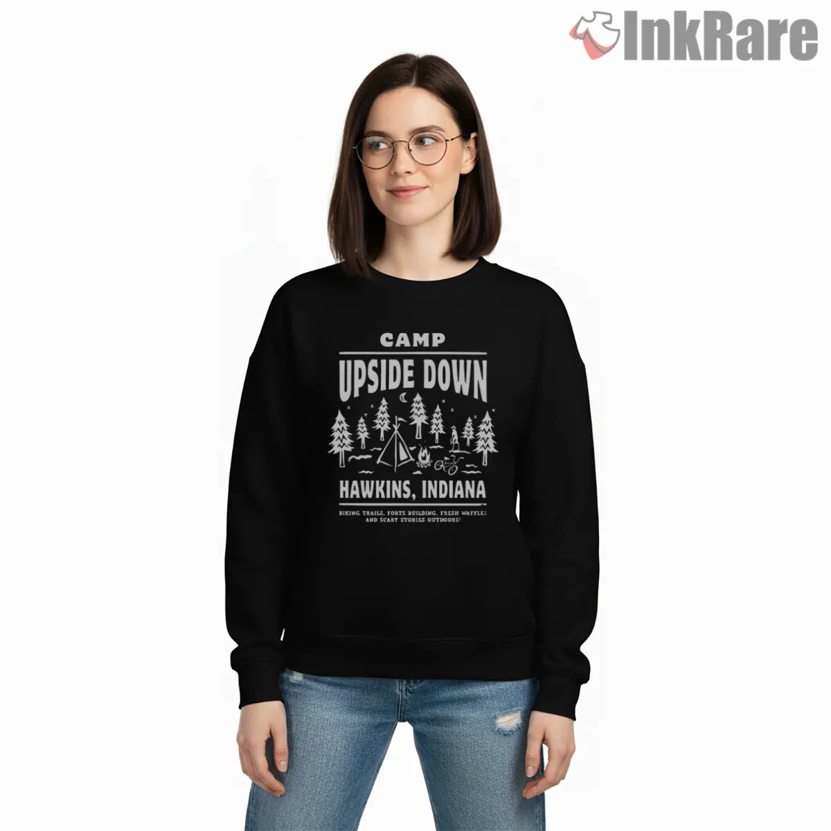 Camp Upside Down Hawkins Adventure Badge Shirt on graphic shirt for women graphic tee