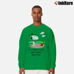 Men’s Camping Snoopy And Woodstock All I Need Is Love And Camping And A Dog Long-Sleeve Shirt in irish green | Sleek, Lightweight, Year-Round Wear