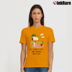 Women’s Camping Snoopy And Woodstock All I Need Is Love And Camping And A Dog Signature T-Shirt in orange | Soft, Flattering Fit