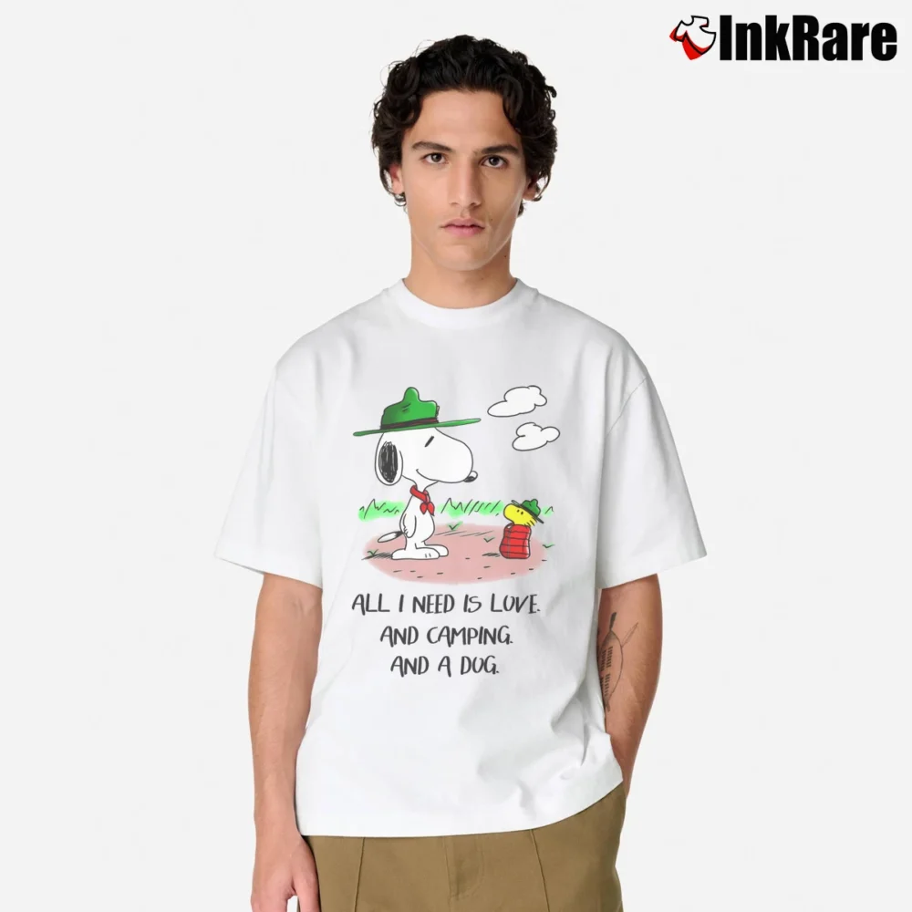 Men’s Camping Snoopy And Woodstock All I Need Is Love And Camping And A Dog Classic T-Shirt in white | Soft, Breathable Everyday Wear