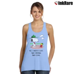 Women’s Camping Snoopy And Woodstock All I Need Is Love And Camping And A Dog Tank Top in light blue | Lightweight, Movement-Friendly