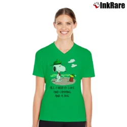 Women’s Camping Snoopy And Woodstock All I Need Is Love And Camping And A Dog V-Neck Tee in irish green | Chic Neckline, Soft Texture