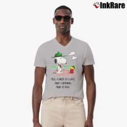 Men’s Camping Snoopy And Woodstock All I Need Is Love And Camping And A Dog V-Neck Tee in sport grey | Sharp, Breathable, Everyday Staple