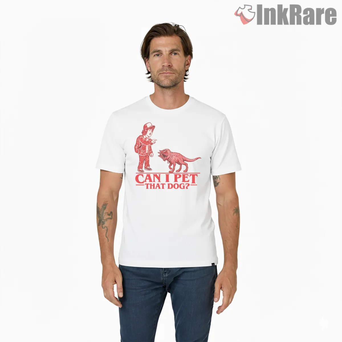 Can I Pet That Dog Demodog Meme Short Sleeve White Can I Pet That Dog Demodog Meme Shirt on white short sleeve shirt for men graphic tee