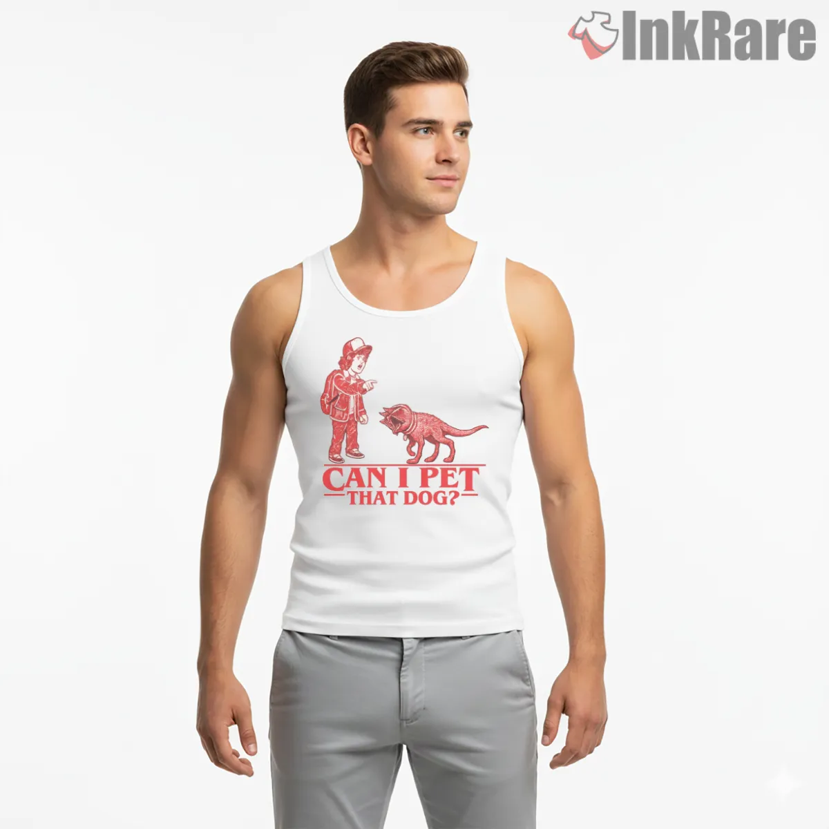 Can I Pet That Dog Demodog Meme Tank Top White Can I Pet That Dog Demodog Meme Shirt on white tank top for men graphic tee