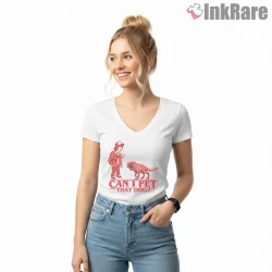 Can I Pet That Dog Demodog Meme Shirt on white v-neck shirt for women graphic tee