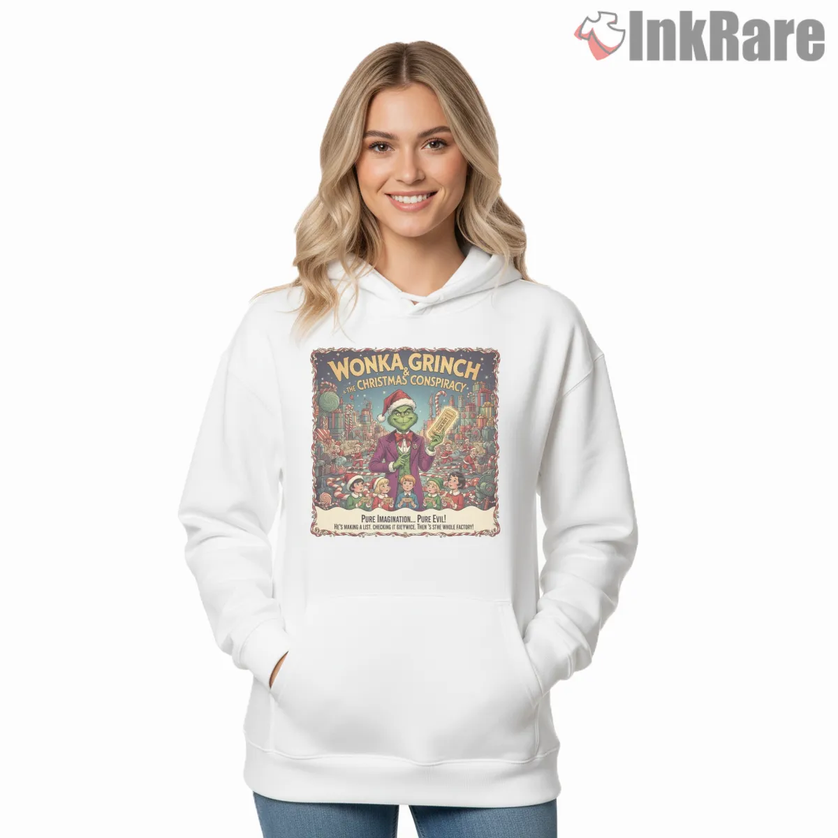 Candy Factory Villain Christmas Conspiracy Shirt on white hoodie for women graphic tee