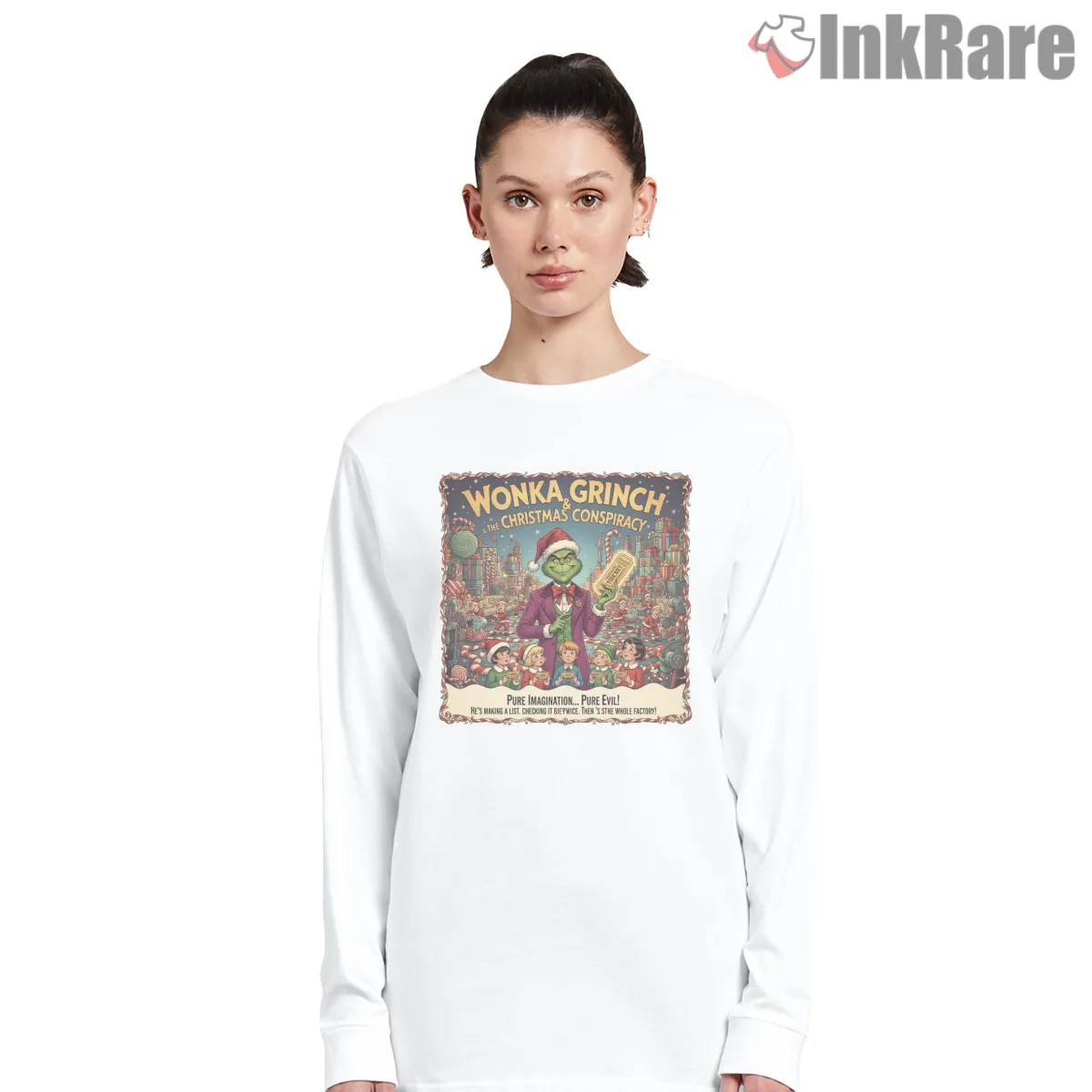 Candy Factory Villain Christmas Conspiracy Long Sleeve White Candy Factory Villain Christmas Conspiracy Shirt on white long sleeve shirt for women graphic tee