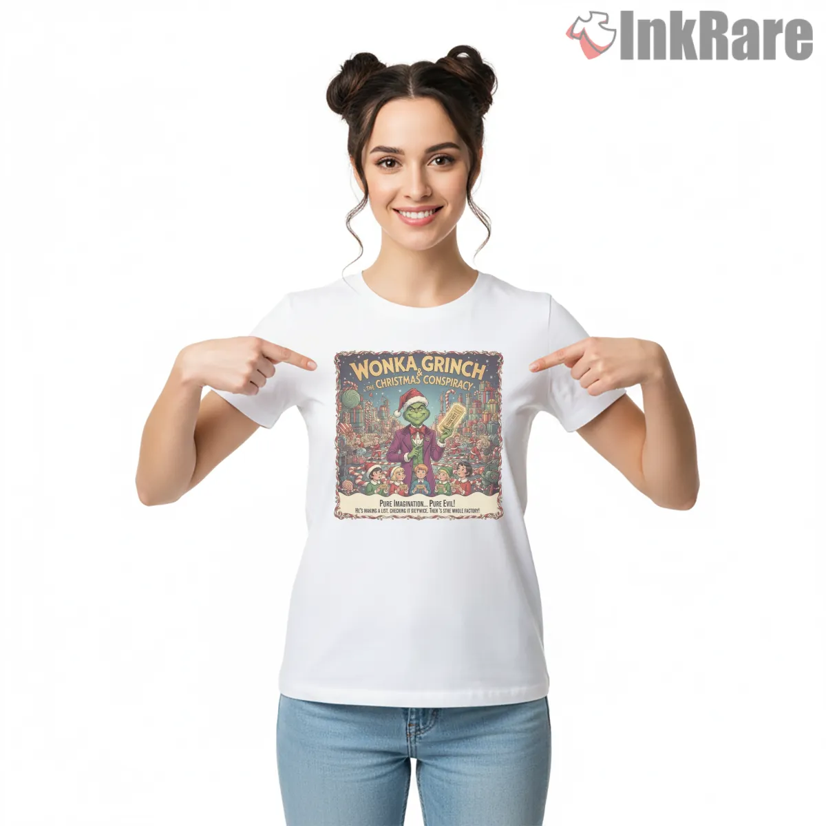 Candy Factory Villain Christmas Conspiracy Short Sleeve White Candy Factory Villain Christmas Conspiracy Shirt on white short sleeve shirt for women graphic tee