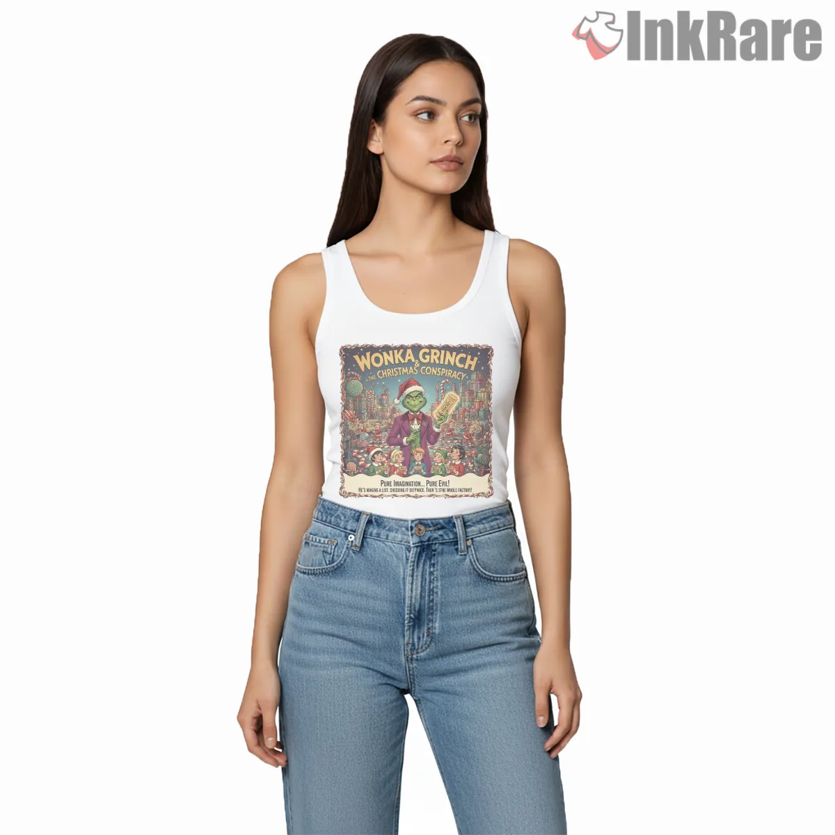 Candy Factory Villain Christmas Conspiracy Tank Top White Candy Factory Villain Christmas Conspiracy Shirt on white tank top for women graphic tee
